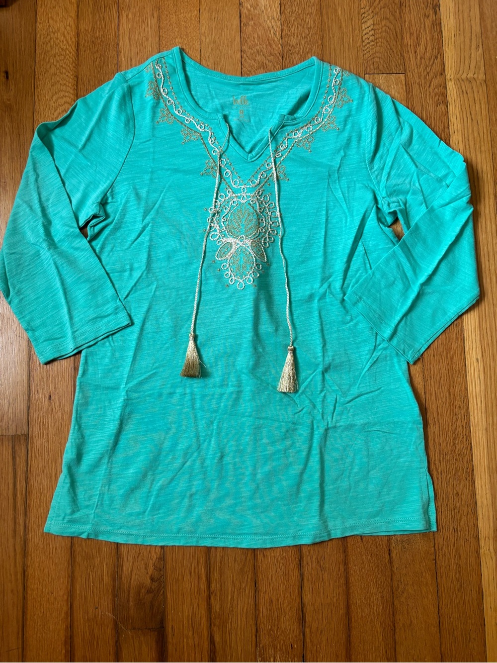 Teal V-Neck Tassel Tunic with Metallic Embroidery
